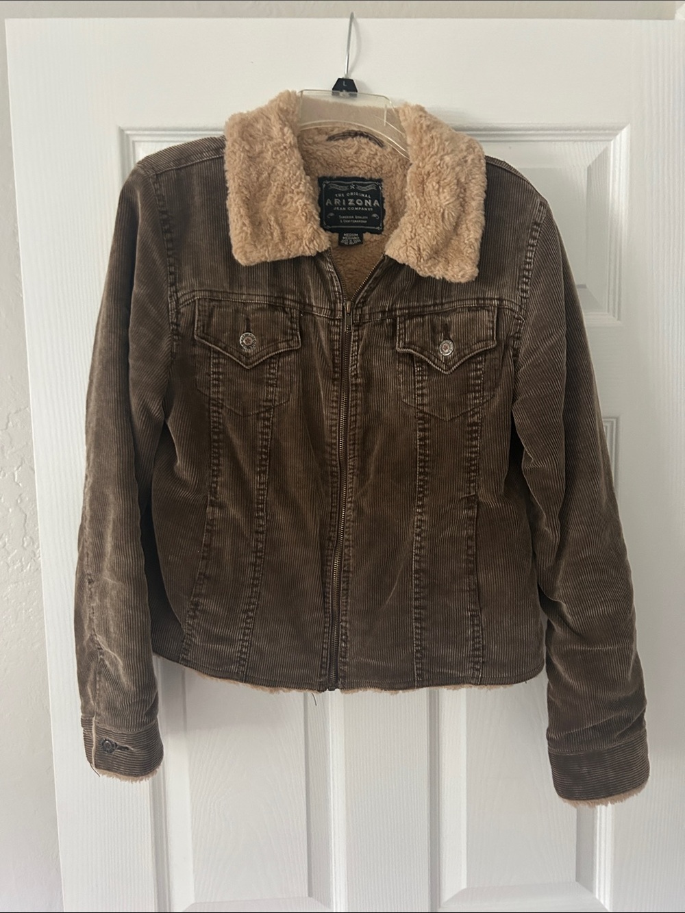 Arizona Jean Company Brown/Taupe Corduroy Jacket with Tan Faux-Sherpa Collar